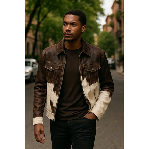 Men's Cowhide Leather Motorcycle Jacket – Western Cow Print Coat